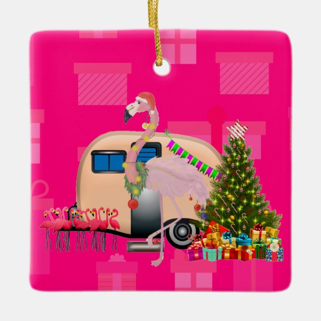 Ornamento De Cerâmica trailer de natal flamingo (Frente)