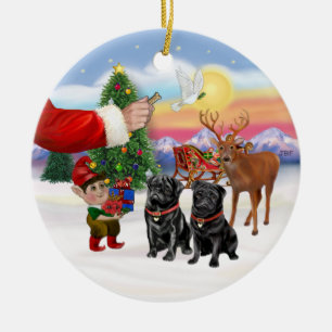 Ornamento De Cerâmica Tratar dois Pugs Negros