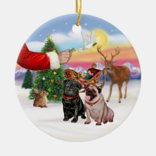 Ornamento De Cerâmica Tratar para Dois Pugs (descoberto + preto)
