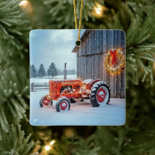 Ornamento De Cerâmica Trator Agrícola Vermelho de Natal na Neve