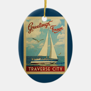 Ornamento De Cerâmica Traverse City Ornament Sailboat Retro Michigan