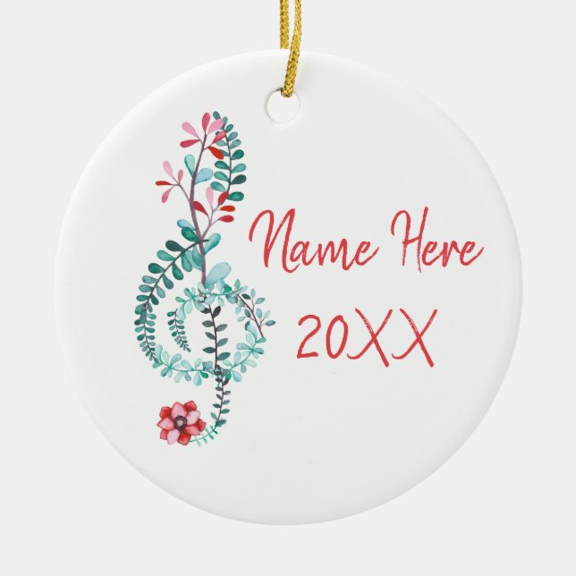 Ornamento De Cerâmica Treble Clef Musical Gift Música Floral Personaliza (Frente)
