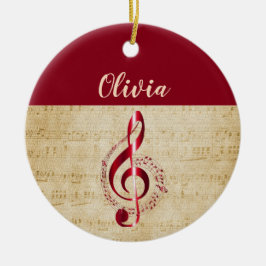 Ornamento De Cerâmica Treble Clef Red Vintage Music Name