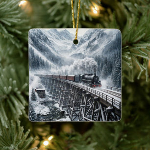Ornamento De Cerâmica Trem de Locomotiva a Vapor Antiga em Trilho de Mad