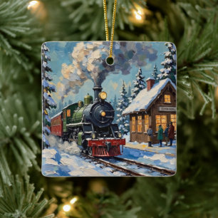 Ornamento De Cerâmica Trem de vapor de Natal vintage na estação nevada