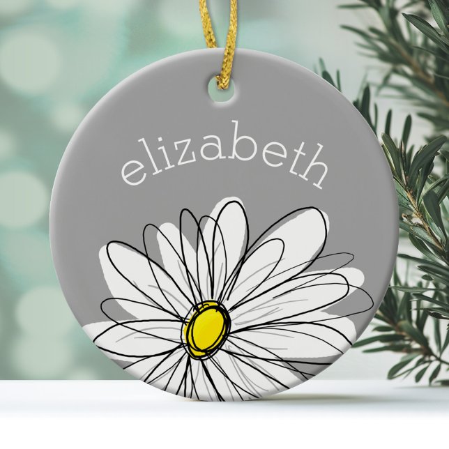 Ornamento De Cerâmica Trendy Daisy com cinza e amarelo (Personalized Ornament)