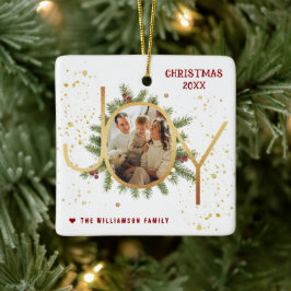 Ornamento De Cerâmica Trendy Joy Pine Boughs Wreath Christmas Photo