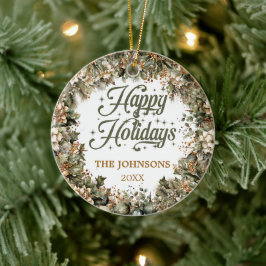 Ornamento De Cerâmica Trendy Sage Green Faux gold Happy Holidays Family