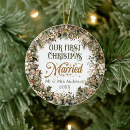 Ornamento De Cerâmica Trendy Sage Green Faux gold O Nosso Primeiro Natal