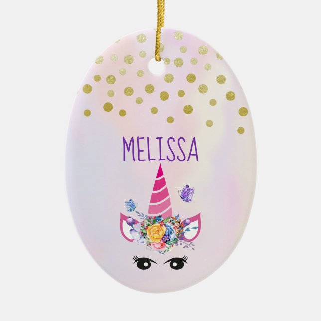 Ornamento De Cerâmica Trendy Unicorn com Coroa Floral e Borboletas (Frente)