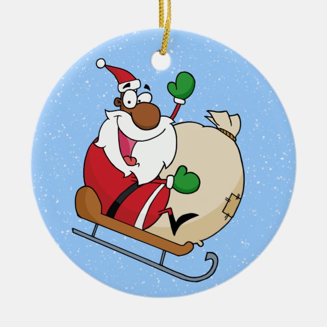 Ornamento De Cerâmica Trenó da equitação de Papai Noel do preto do (Frente)