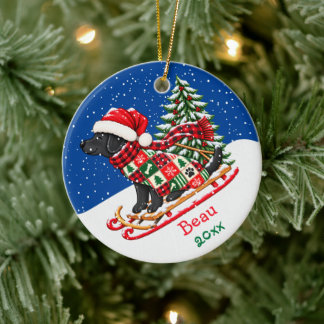 Ornamento De Cerâmica Treno de Natal de Labrador Preto Préppy Personaliz