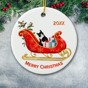 Ornamento De Cerâmica Trenó de Natal Gato Preto e Branco Engraçado