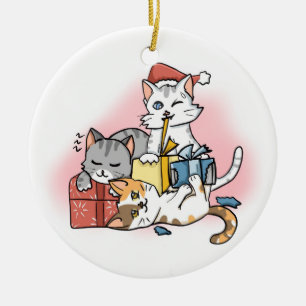 Ornamento De Cerâmica Três Bons Brinquedos de Natal Gatinhos Desembrulha