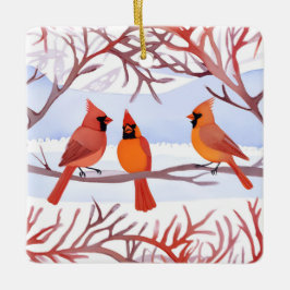 Ornamento De Cerâmica Três cardeais vermelhos em galhos nevados