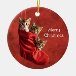 Ornamento De Cerâmica Três gatinhos numa meia de Natal