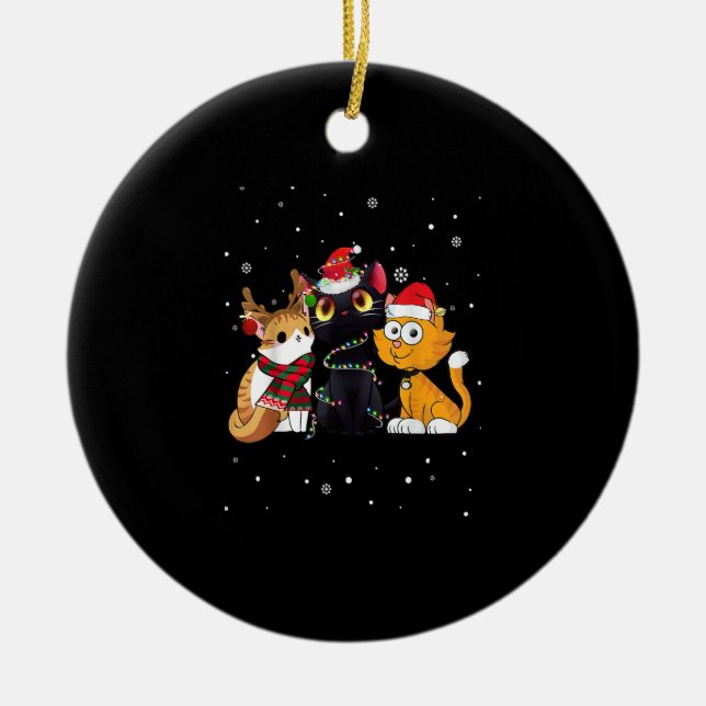 Ornamento De Cerâmica Três Gatos De Natal Engraçado Gatinho Santa Hat E  (Frente)
