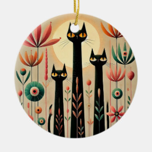Ornamento De Cerâmica Três Gatos Pretos em Meio a um Vibrante Desenho Fl