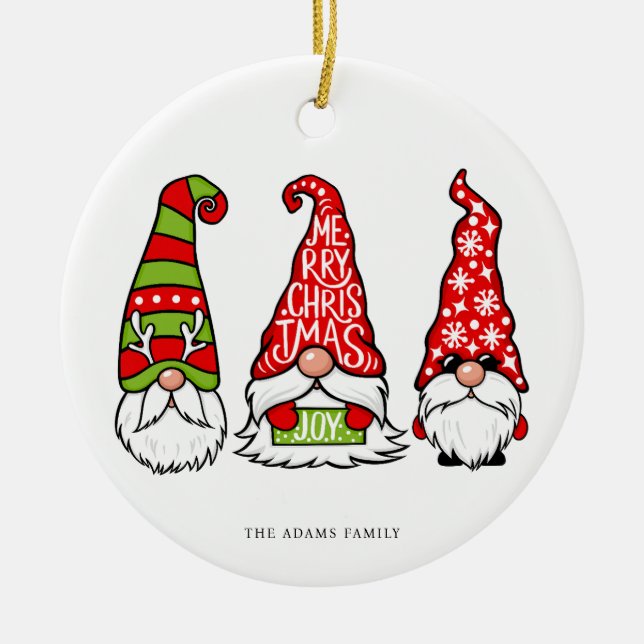 Ornamento De Cerâmica Três Ilustrações dos Gnomos Feliz Natal (Frente)