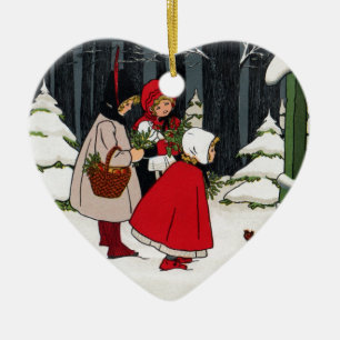 Ornamento De Cerâmica Três meninas com natal vintage do visco