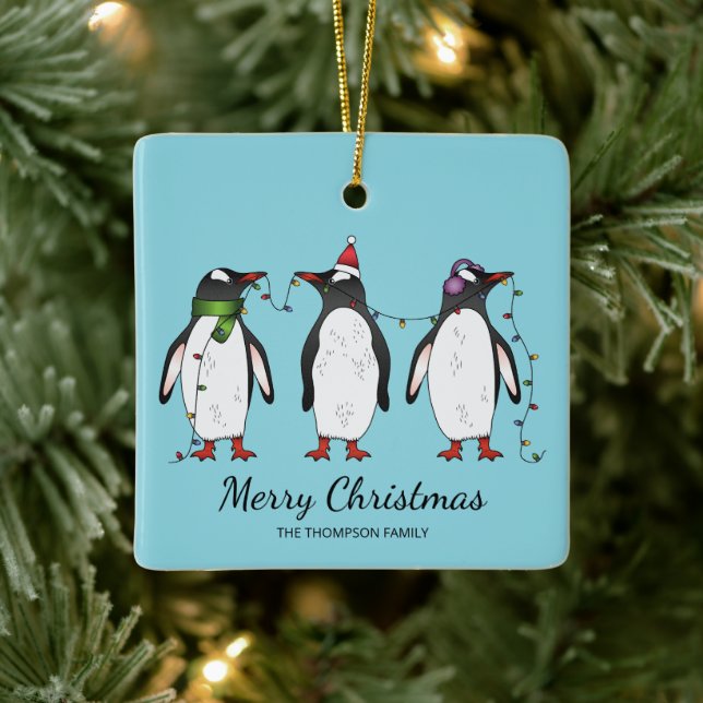 Ornamento De Cerâmica Três Pinguins De Natal Festivos Com Texto Personal (Árvore)