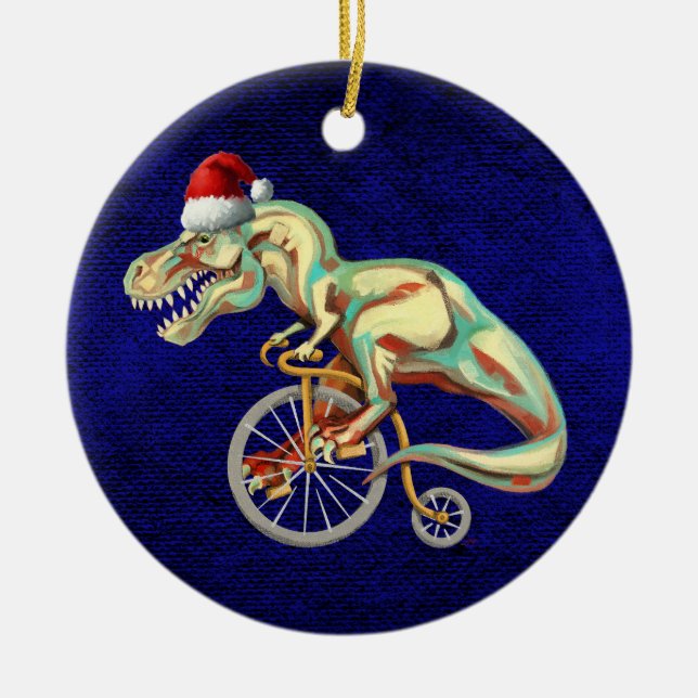 Ornamento De Cerâmica TRex Andando Uma Bicicleta (Frente)
