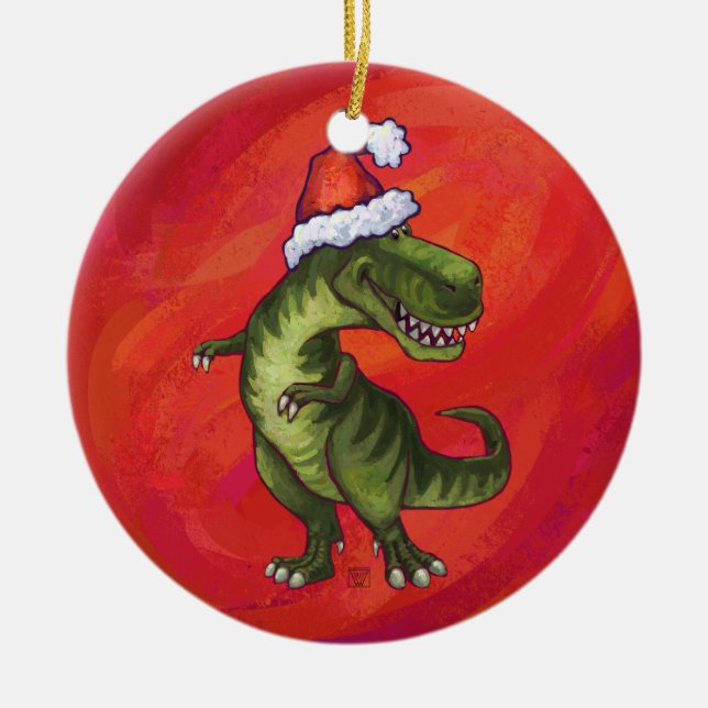Ornamento De Cerâmica TRex Dino no chapéu do papai noel no vermelho (Frente)