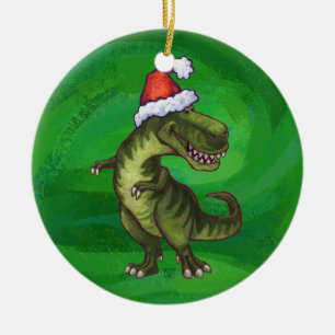 Ornamento De Cerâmica TRex em Santa Hat em Verde