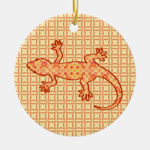 Ornamento De Cerâmica Tribal batik Gecko - coral e laranja claro