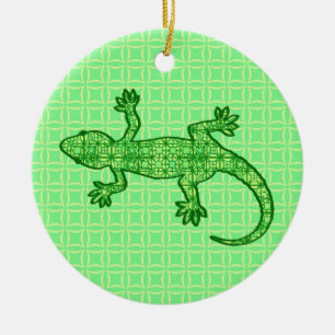 Ornamento De Cerâmica Tribal batik Gecko - limão e esmeralda verde