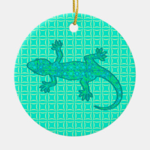 Ornamento De Cerâmica Tribal batik Gecko - turquesa / pavão