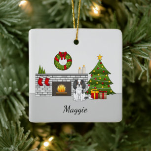 Ornamento De Cerâmica Tricolor Cavalier Dog Em Uma Sala De Natal