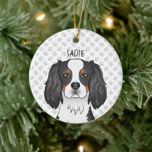 Ornamento De Cerâmica Tricolor Cavalier King Charles Spaniel Head & Name
