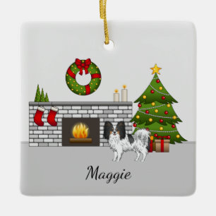 Ornamento De Cerâmica Tricolor Papillon Cartoon Dog Em Sala De Natal