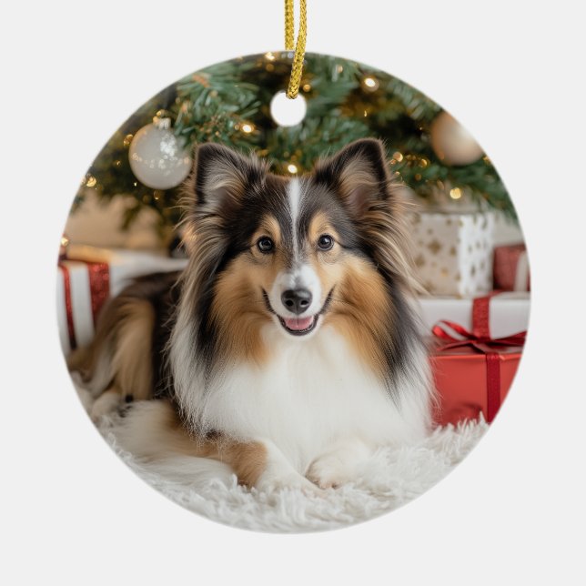 Ornamento De Cerâmica Tricolor Sheltie Natal (Frente)