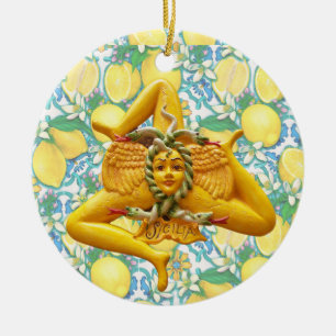 Ornamento De Cerâmica Trinacria Sicília Itália Pride Lemon Blue