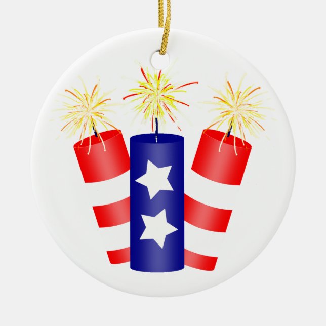 Ornamento De Cerâmica Trio de Firecrackers para o dia 4 de julho (Frente)