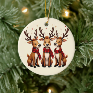 Ornamento De Cerâmica Trio de Rena Santa Fofos com Cachecóis Xadrez