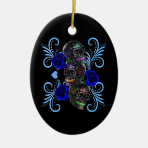 Ornamento De Cerâmica Triplo Dia Negro Dos Rosas Azuis De Pele Morta