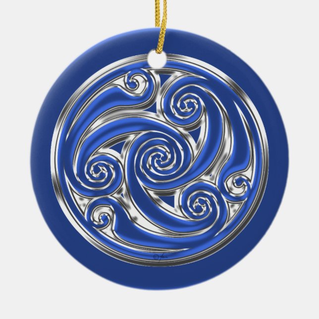 Ornamento De Cerâmica Triskel de prata azul (Frente)