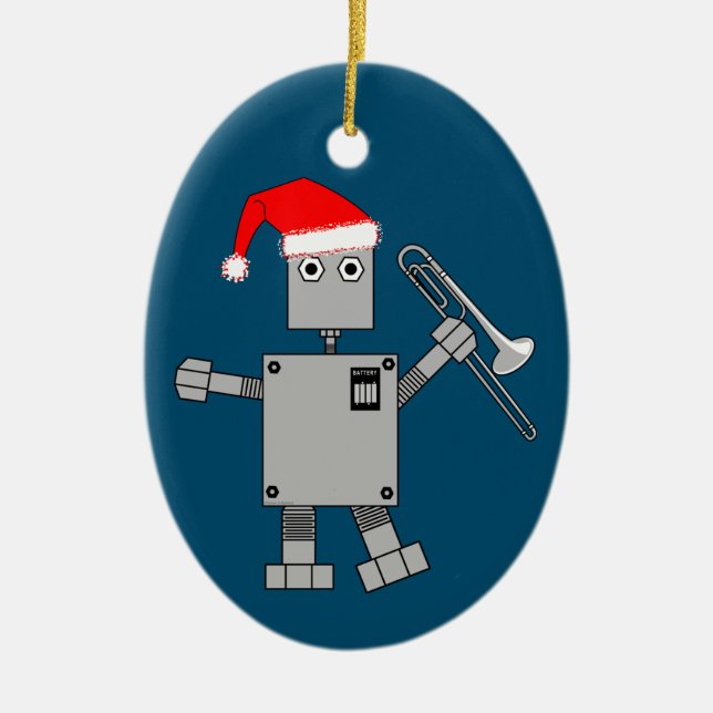 Ornamento De Cerâmica Trombone Santa Hat Robot (Frente)