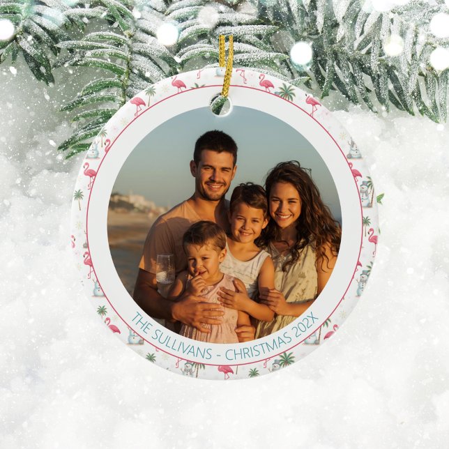 Ornamento De Cerâmica Tropical Christmas Pink Flamingo Family Photo (Pink flamingo tropical Christmas family photo tree ornament)