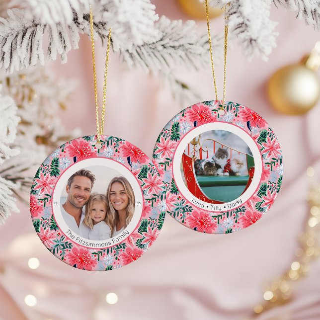 Ornamento De Cerâmica Tropical Pink Christmas Floral 2 Family Photos (Pink Tropical Floral Christmas two sided photo ornament)