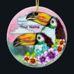 Ornamento De Cerâmica Tropical Toucans<br><div class="desc">Tropical Toucans ornament by ArtMuvz Illustration. Matching toucans apparel and beach gifts. To personalize  add your name or add text instead. Customize this  Toucan ornament to make it uniquely yours or to give as a personalized gift</div>