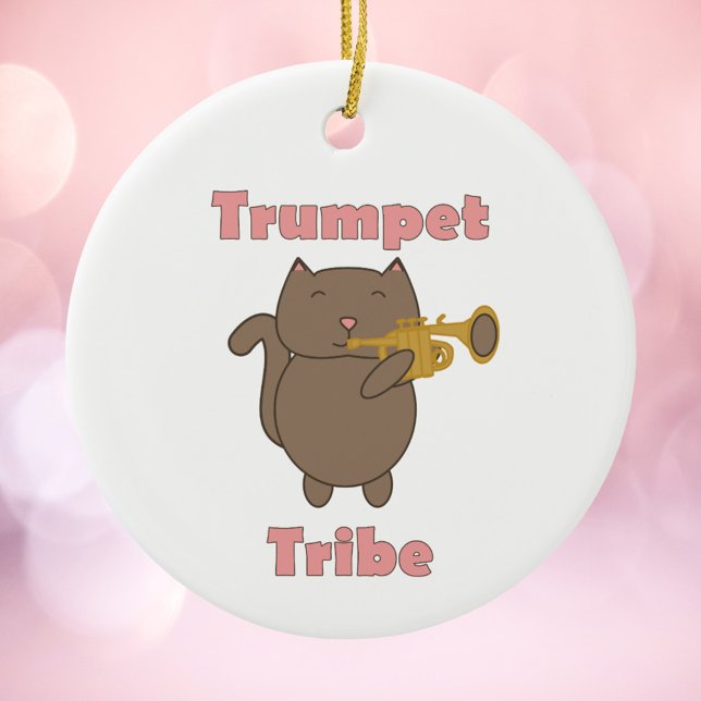 Ornamento De Cerâmica Trumpet Tribe Brown Cat Pink (An ornament featuring a brown cat playing the trumpet and the words trumpet tribe.)