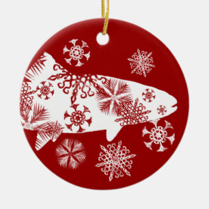 Ornamento De Cerâmica Truta de Neve Branca e Vermelha Festiva