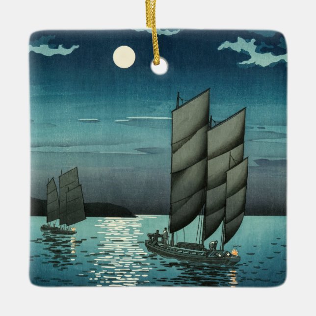 Ornamento De Cerâmica Tsuchiya Koitsu - Barcos em Shinagawa, Noite (Frente)