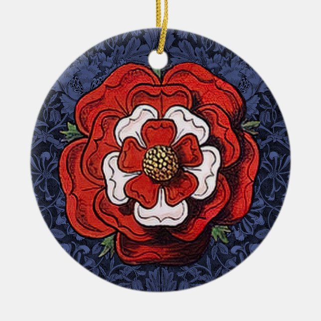 Ornamento De Cerâmica Tudor Rosa Vermelho e Branco (Frente)