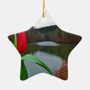 Ornamento De Cerâmica Tulipa Vermelha primavera no lago Arrohouad