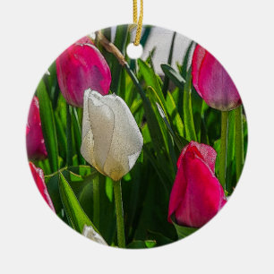Ornamento De Cerâmica Tulipas Cor-De-Rosa E Brancas Painterly